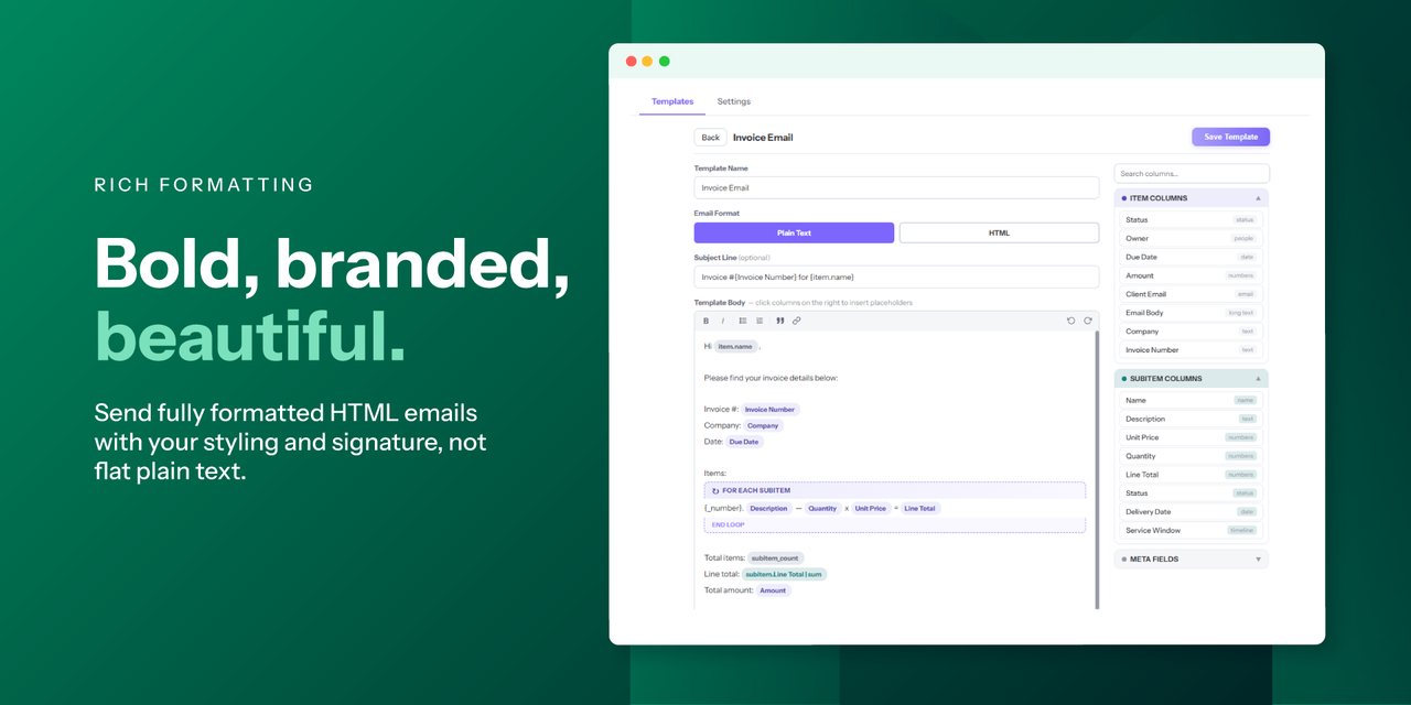 The Ripple Merge template editor: an invoice email with item placeholders, a loop over subitems, and a subitem total, with the column picker on the right.