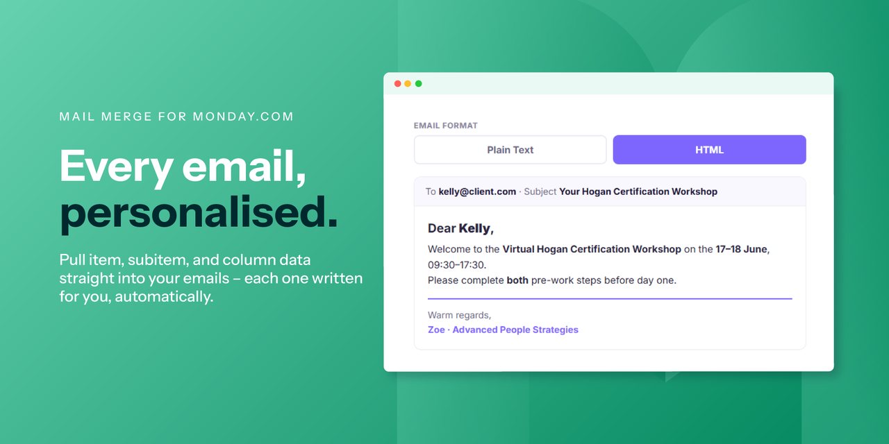 A finished HTML email sent by monday's Send Email action, personalised with item data by Ripple Merge.