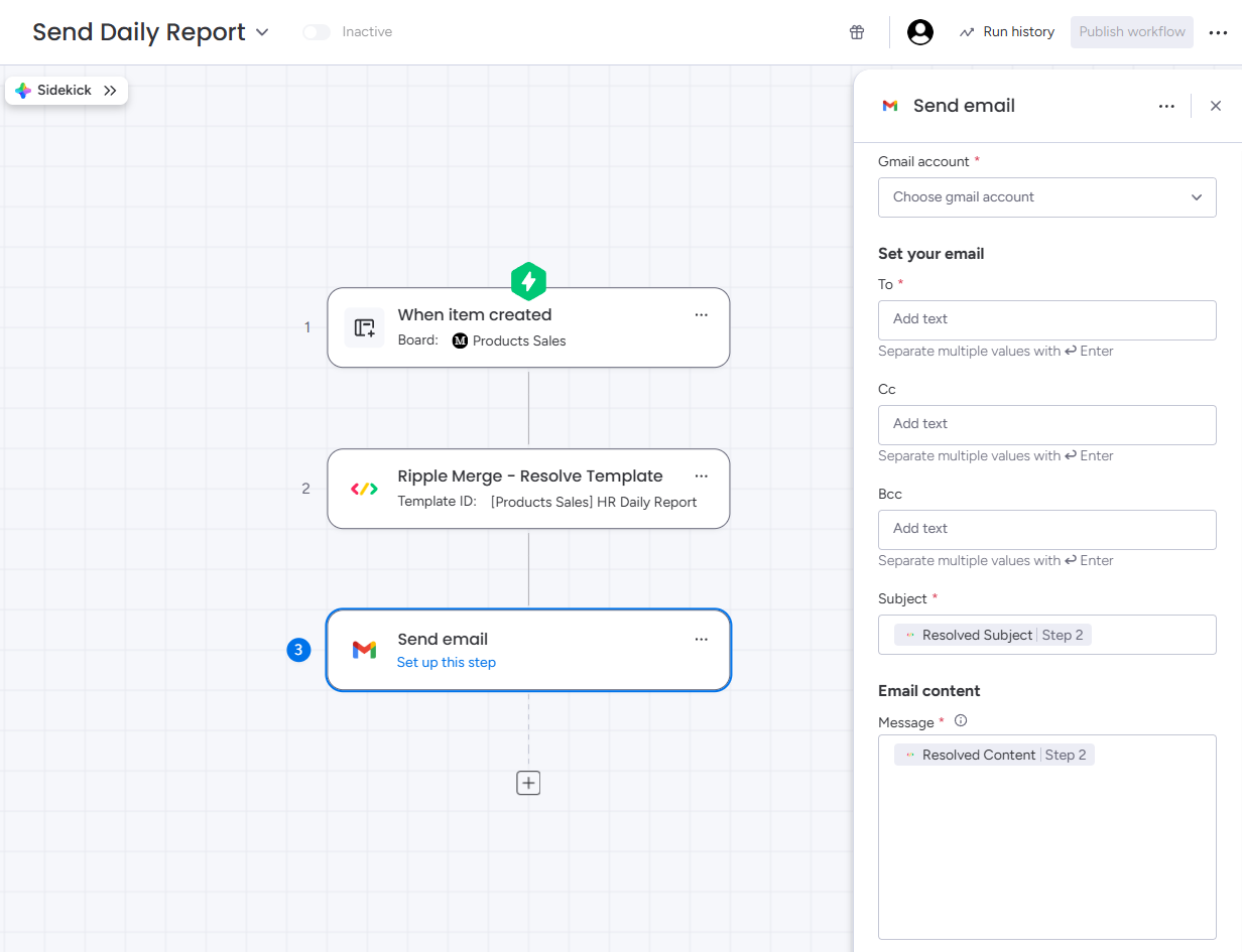 A monday.com automation with the Ripple Merge Resolve Template action chained into monday's Send Email step