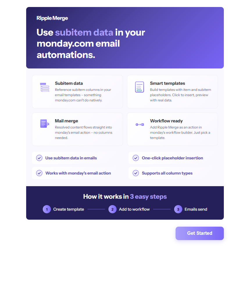 Ripple Merge welcome screen: use subitem data in your monday.com email automations