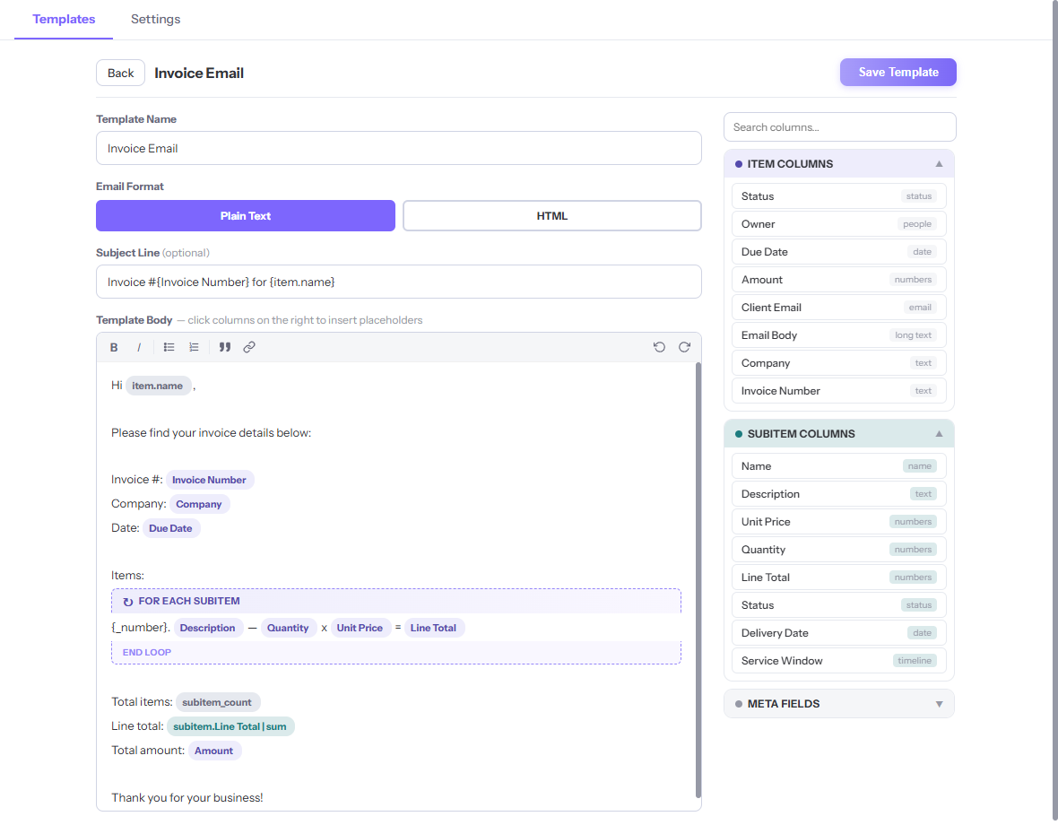 Ripple Merge template editor showing an invoice email with placeholder chips, a subitem loop block, and the column picker