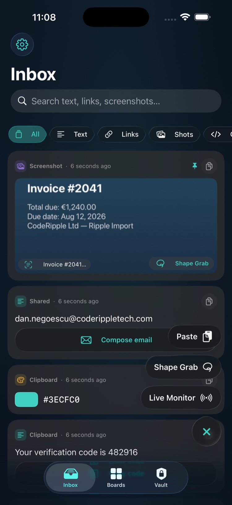 Capture button expanded into Paste, Shape Grab, and Live Monitor actions