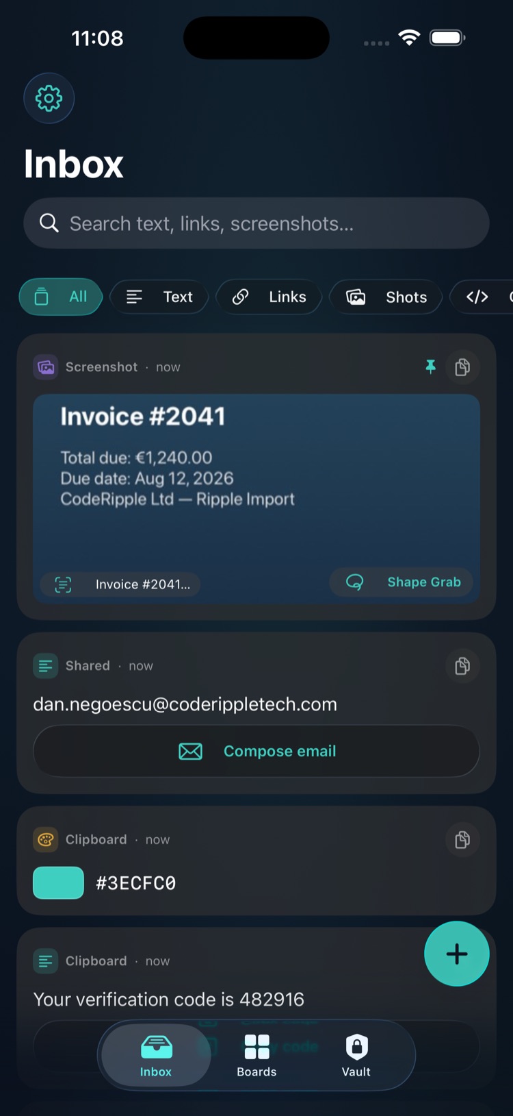RippleClip inbox: screenshot with OCR badge, email clip with compose action, color clip