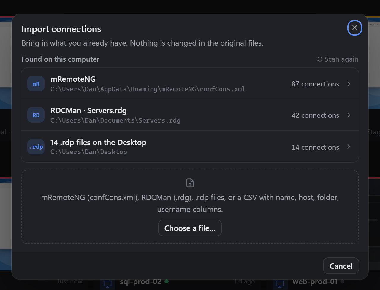 The Import connections dialog listing an mRemoteNG file, an RDCMan file and fourteen .rdp files found on the computer