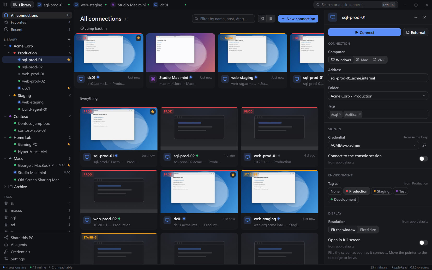 The library in card view with last-seen thumbnails and PROD and STAGING labels, and the inspector showing sql-prod-01's credential inherited from Acme Corp and its environment from Production