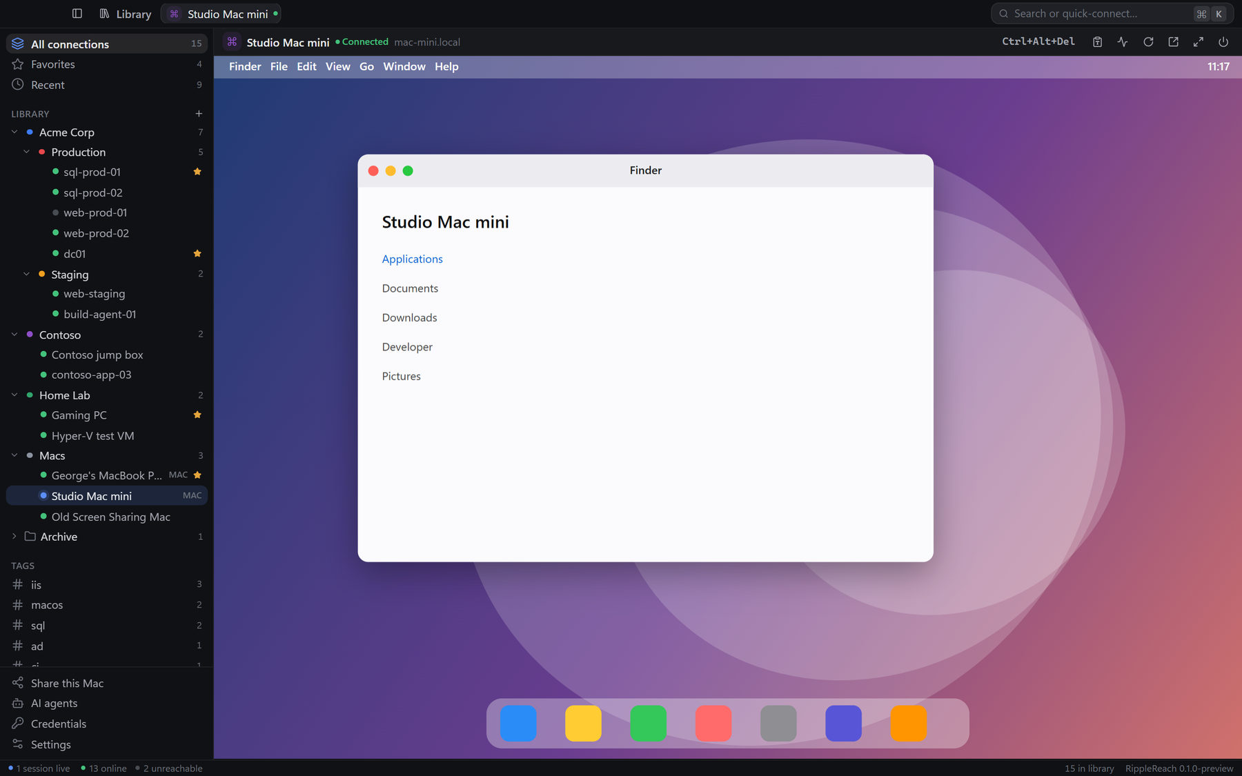 A Mac mini open in a RippleReach tab, showing its desktop, Finder window and Dock