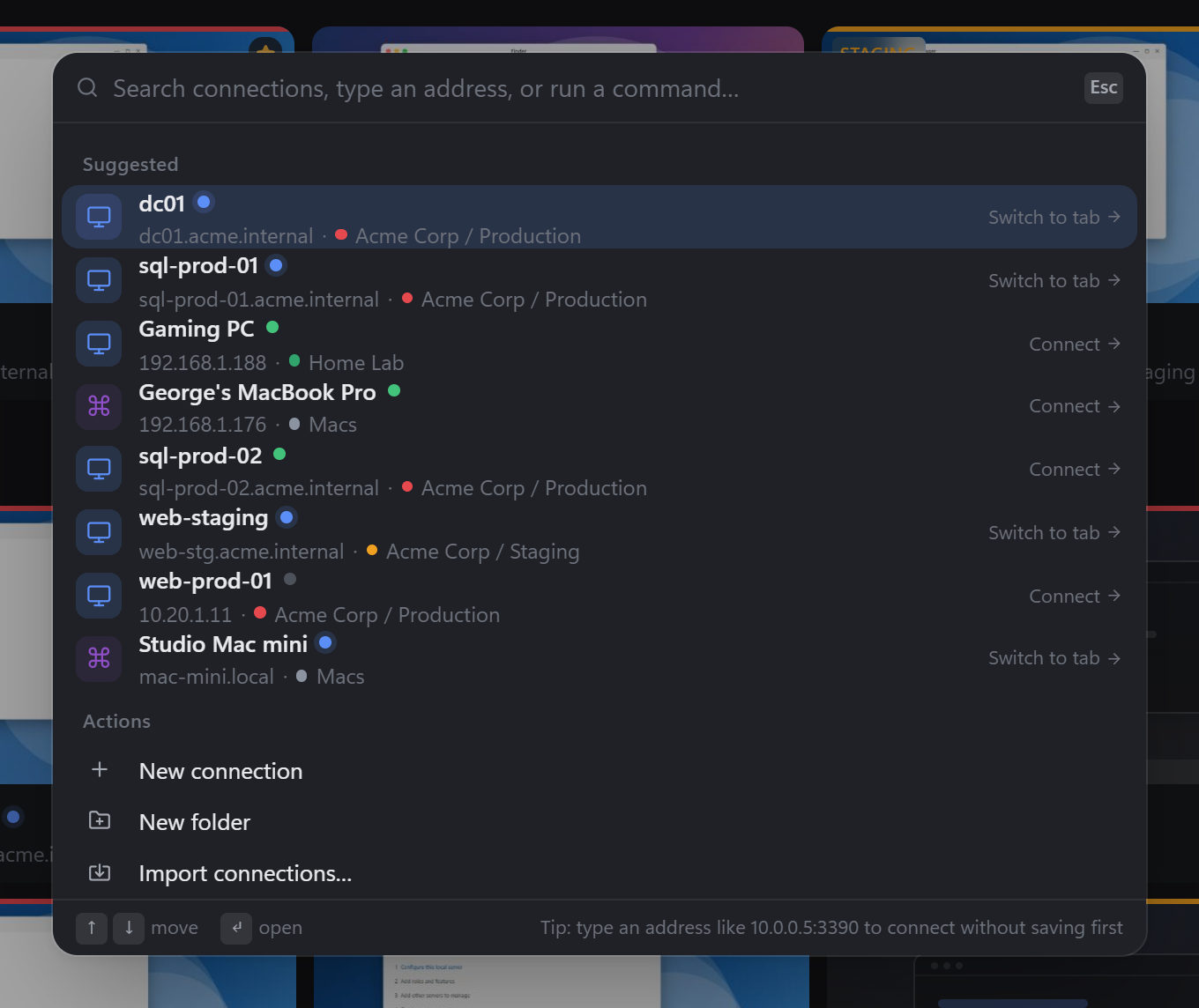 The command palette listing suggested connections, with Switch to tab on the ones already open, and actions for a new connection, a new folder and import