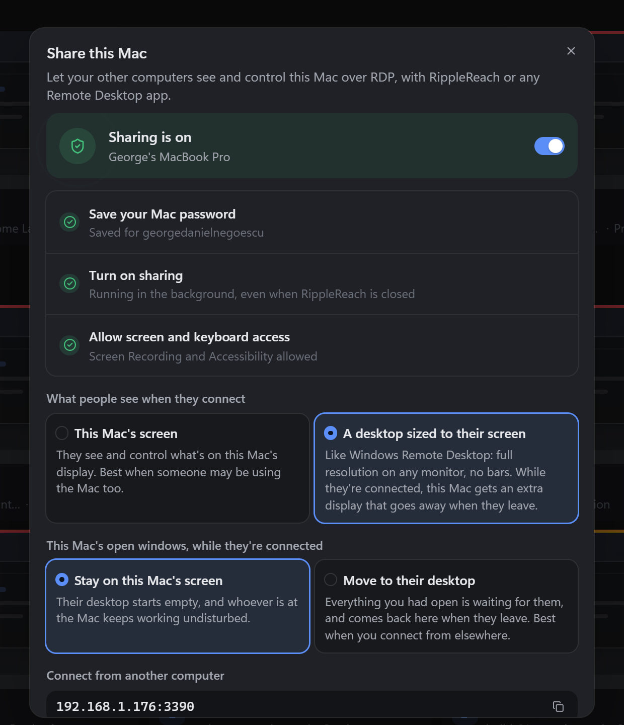 The Share this Mac dialog with sharing on, all three steps complete, and A desktop sized to their screen selected