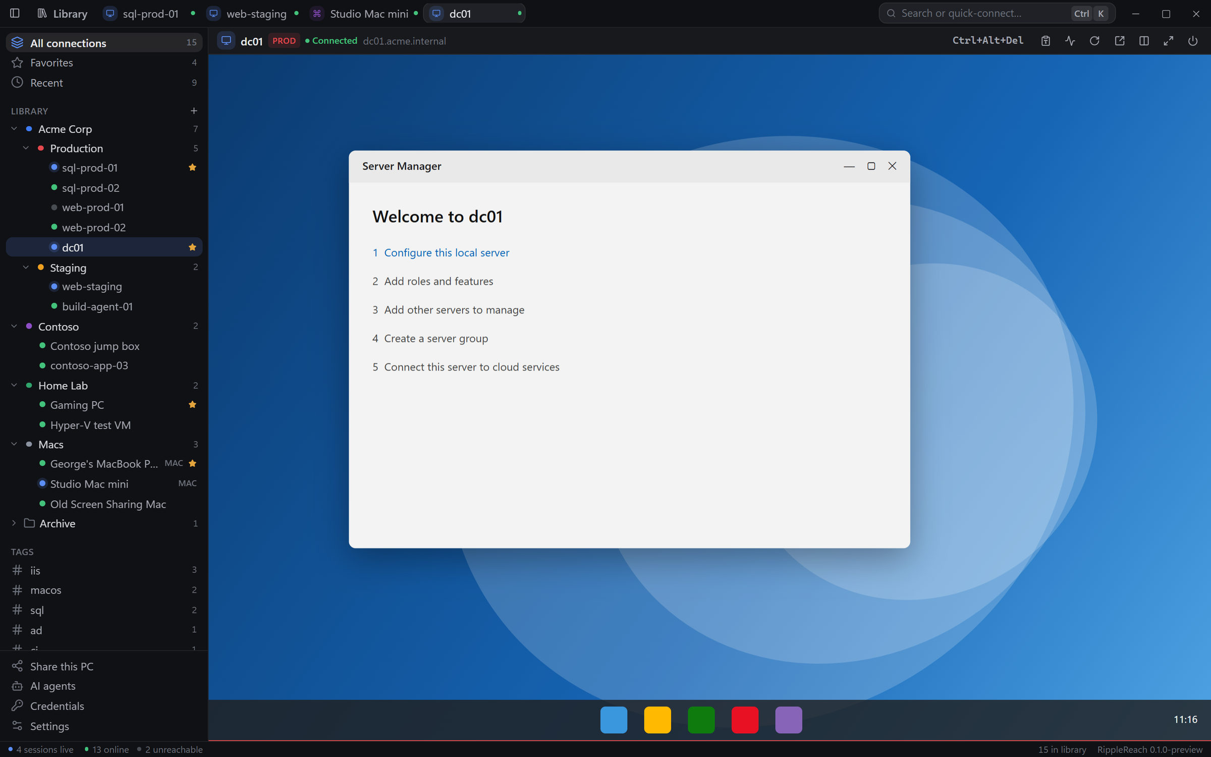 RippleReach on Windows: four sessions open in tabs, including a Mac, with the dc01 production server active inside a red PROD frame and the library's folder tree on the left